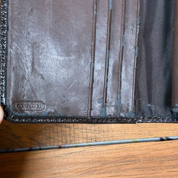 Coach Signature Stripe Khaki Canvas Brown Slim Medium Wallet Zip Coin - Picture 4 of 8